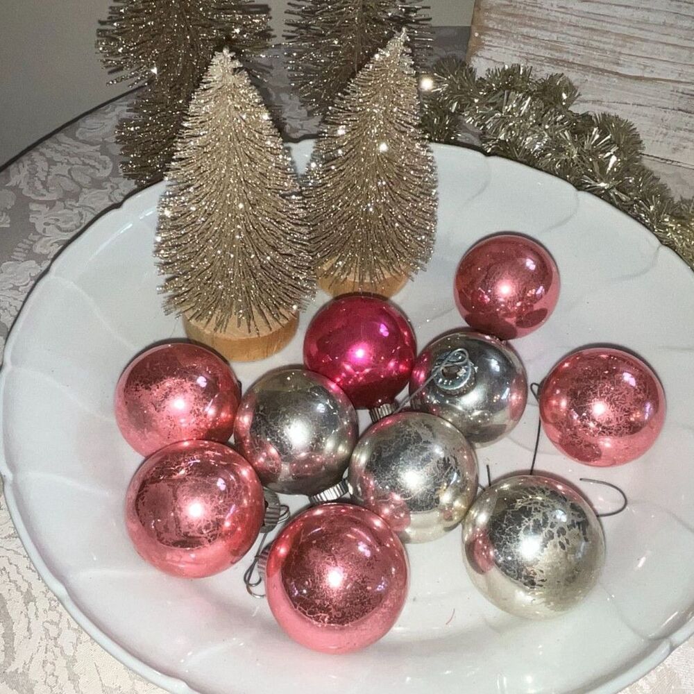 10 vintage Shiny Brite Christmas balls; pastel colors pink and silver - Picture 3 of 4